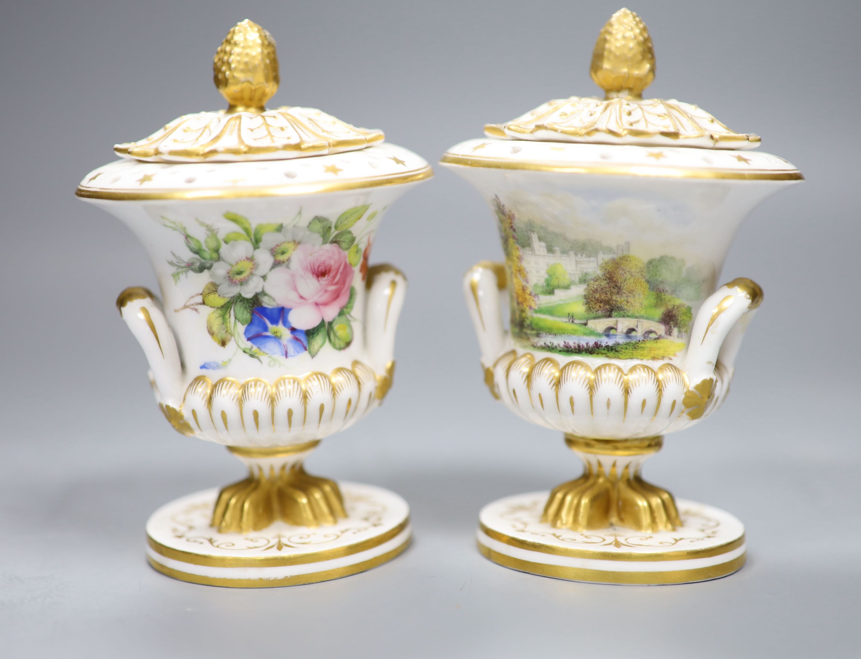 Two Sampson Hancock Derby pot pourri vases and covers, overall height 13cm